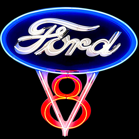 Ford V8 Tricolor Die Cut Neon Sign - Real Glass, Porcelain, Metal Can - Emblem Logo