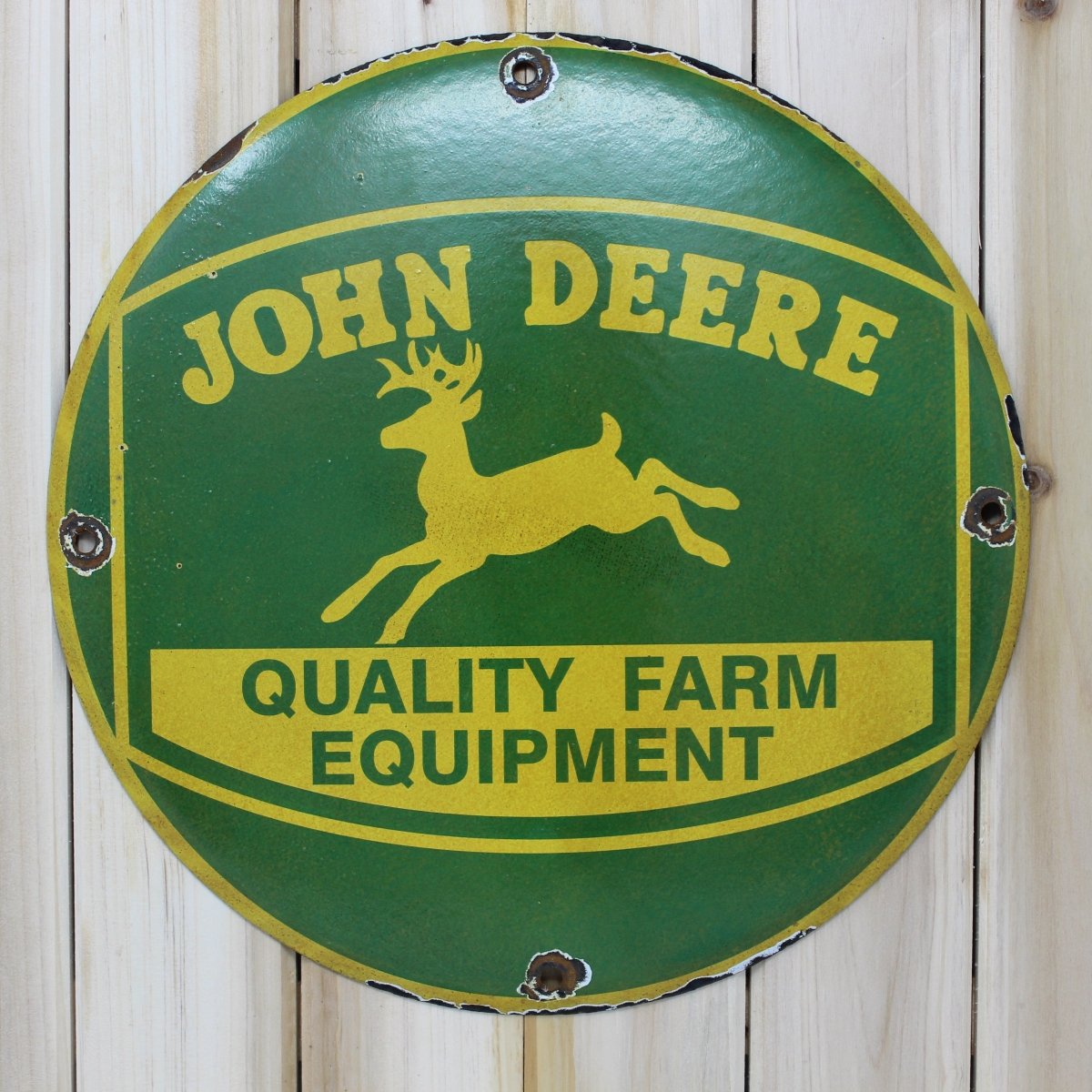 John Deere Quality Farm Equipment 12in Porcelain Enamel Sign - PORCELAIN ADVERTISING - 