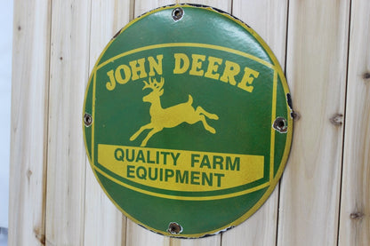 John Deere Quality Farm Equipment 12in Porcelain Enamel Sign - PORCELAIN ADVERTISING - 