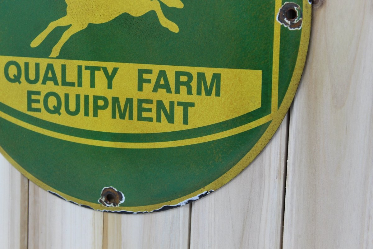 John Deere Quality Farm Equipment 12in Porcelain Enamel Sign - PORCELAIN ADVERTISING - 