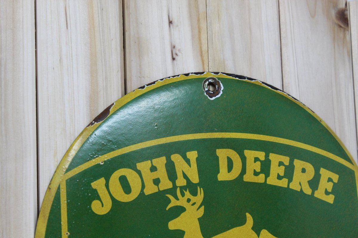 John Deere Quality Farm Equipment 12in Porcelain Enamel Sign - PORCELAIN ADVERTISING - 