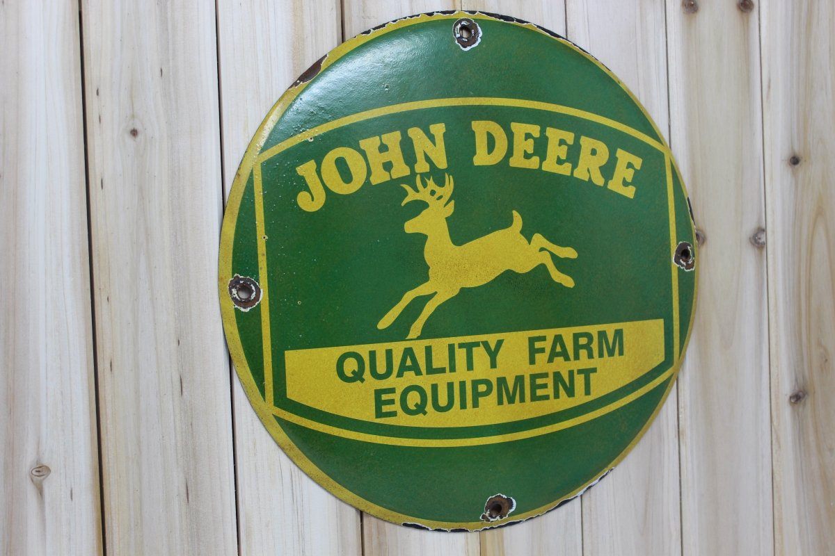 John Deere Quality Farm Equipment 12in Porcelain Enamel Sign - PORCELAIN ADVERTISING - 