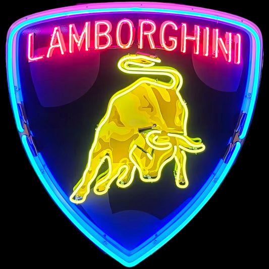 Lamborghini-inspired neon sign with charging bull in yellow, pink neon text, and a blue die-cut porcelain shield backing.
