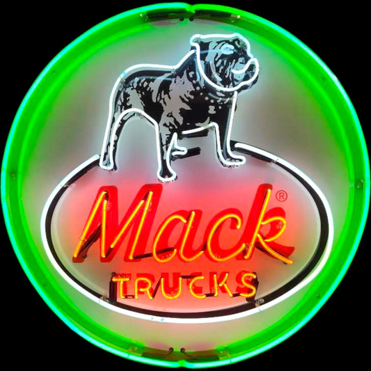 vintage glowing neon sign with mack trucks written underneath bulldog