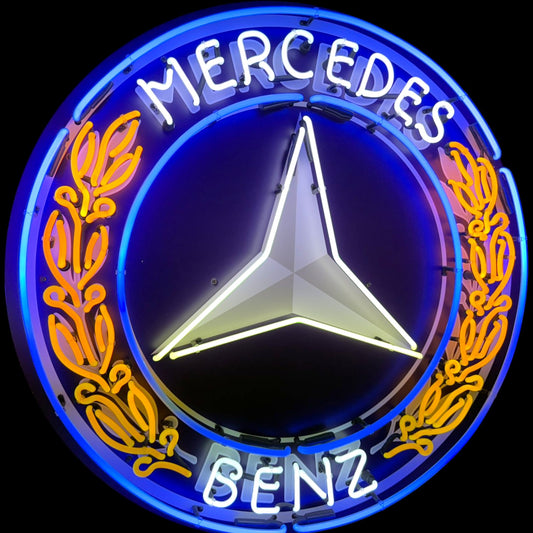 Neon sign with Mercedes-Benz logo and text on a black background