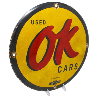 OK Used Cars Authorized by Chevrolet 12in Porcelain Enamel Sign - PORCELAIN ADVERTISING - Sign