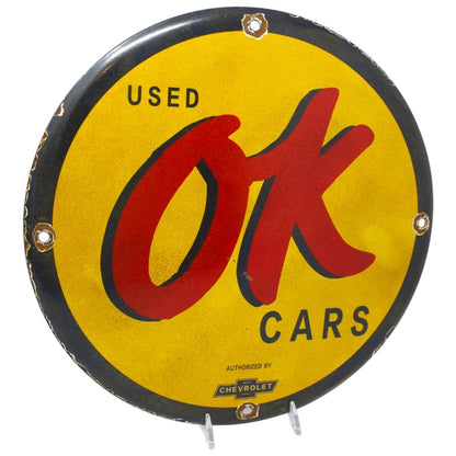 OK Used Cars Authorized by Chevrolet 12in Porcelain Enamel Sign - PORCELAIN ADVERTISING - Sign