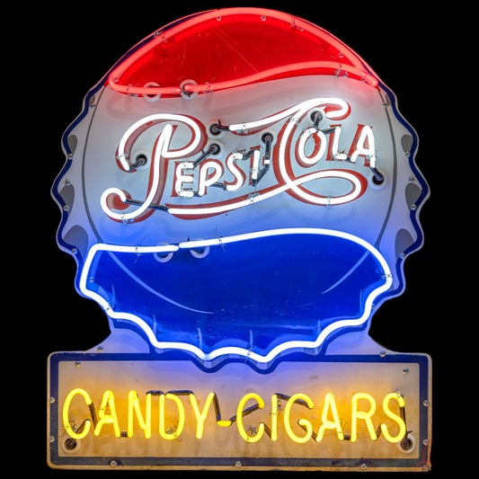 Pepsi-Cola Candy-Cigars Neon Porcelain Sign – Die Cut Vintage Bottle Cap Soda Lighted Advertising Shop Dispaly