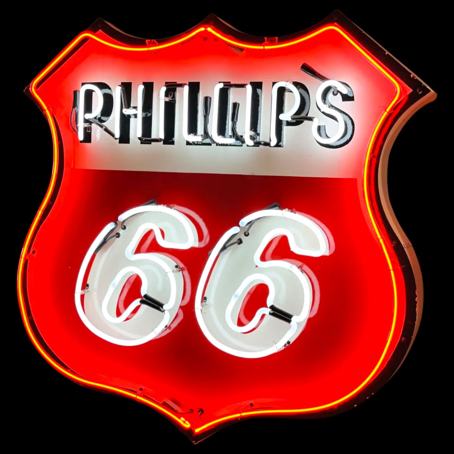 Phillips 66 Neon Shield - Glass, Porcelain Enamel, Die Cut Steel Can