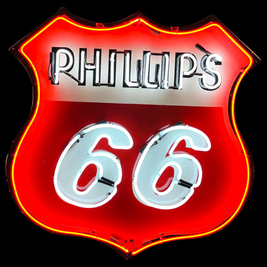 Phillips 66 Neon Shield - Glass, Porcelain Enamel, Die Cut Steel Can