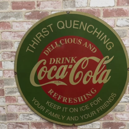 Classic Refreshing Coca-Cola Large 30-Inch Porcelain Vintage Advertising Sign with Bullet Hole