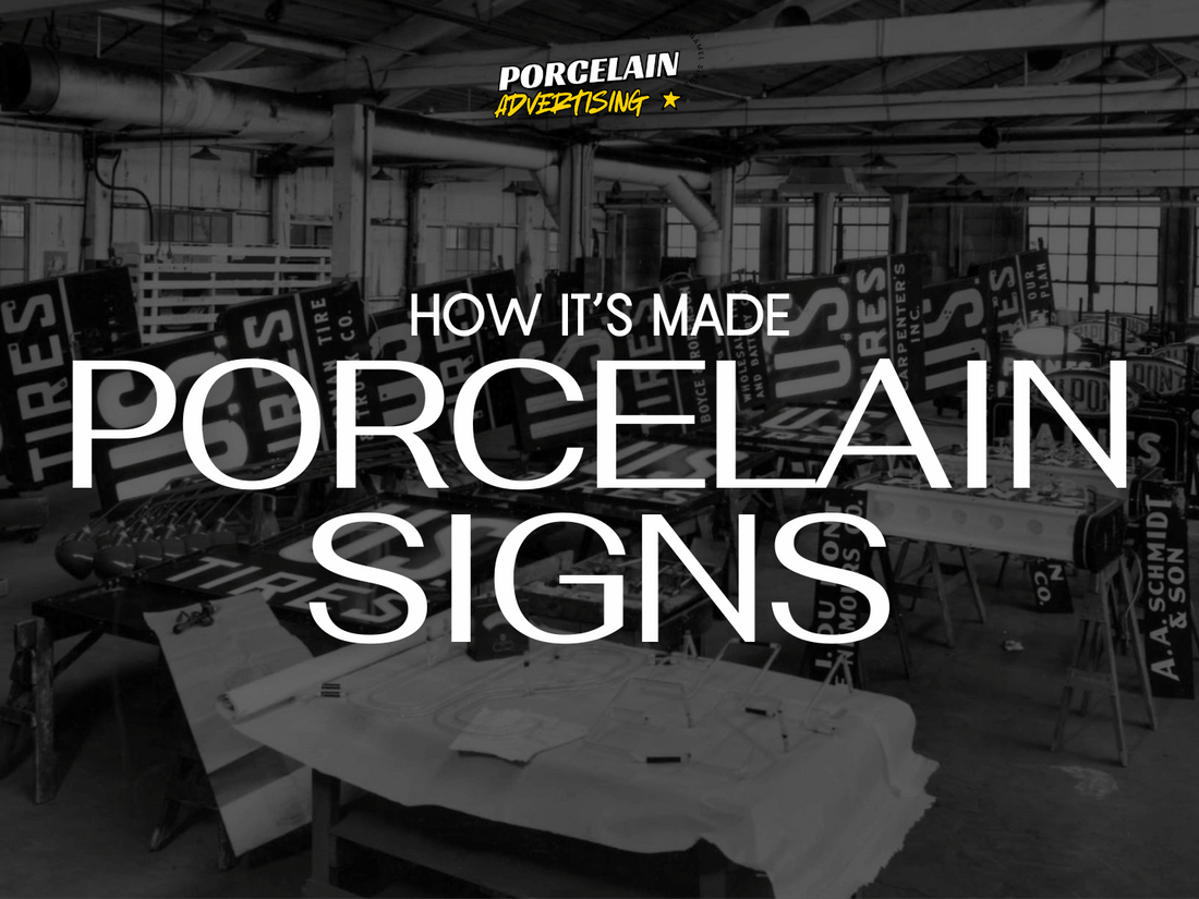 Shop real vintage-style porcelain signs for sale. Our signs aren’t aluminum or stickers—they’re kiln-fired enamel on heavy steel, built the way porcelain signs used to be made.
