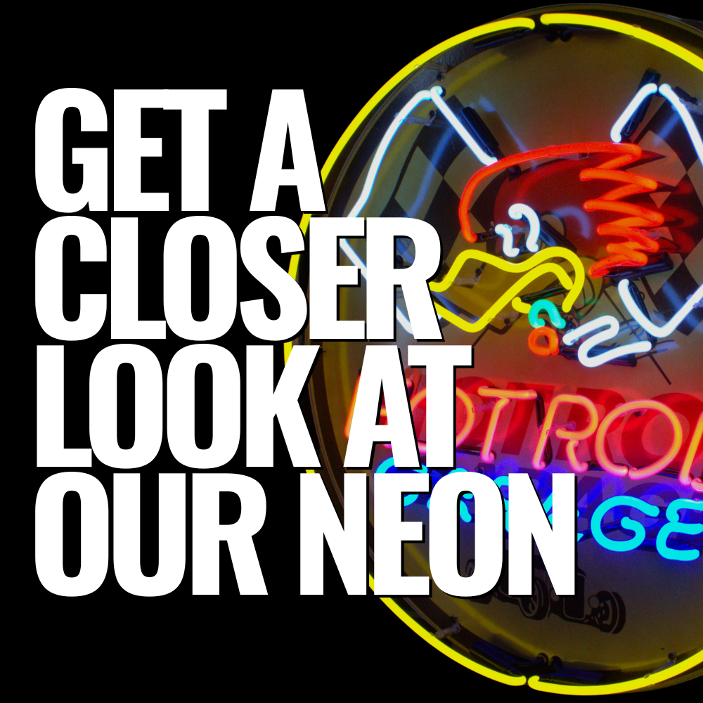 Load video: Closer look video of Porcelain Advertising real neon signs finished product close up of glass vintage hot rod garage wall light porcelain enamel metal reproductions