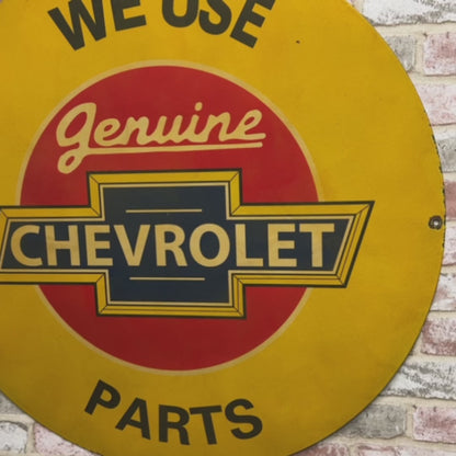 We Use Chevrolet Parts Large Metal 30-Inch Porcelain Vintage Enamel Service Station Sign