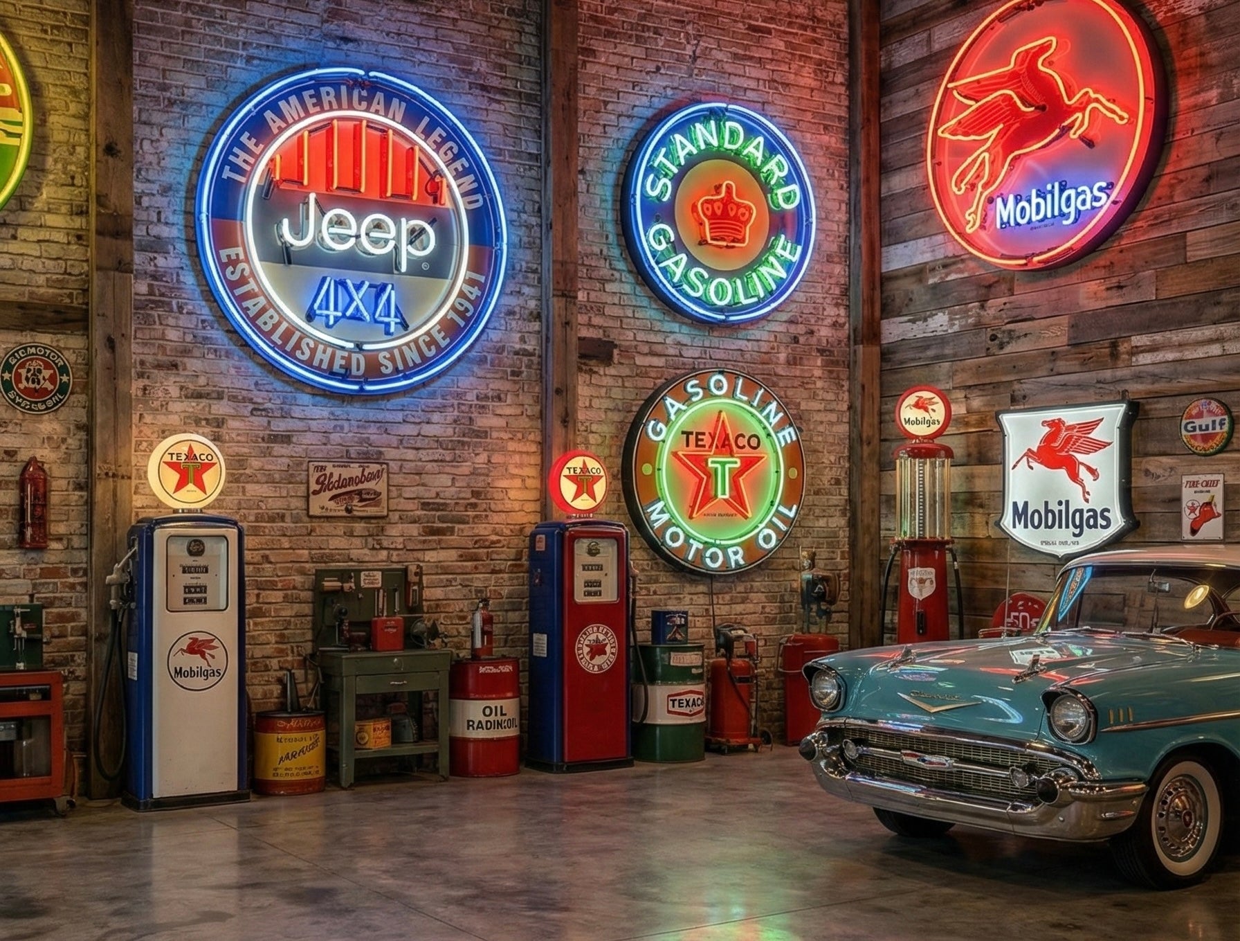 Classic collector card garage with real neon porcelain round signs with a steel can displayed in different sizes on the Wall