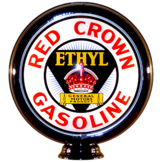 Red Crown Ethyl Gasoline globe with a black border on a white background