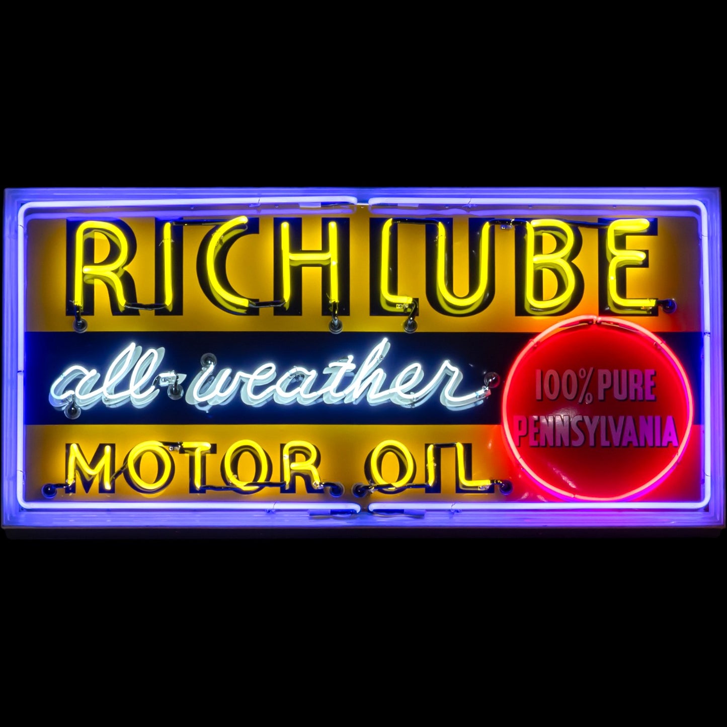 Richlube All-Weather Motor Oil neon porcelain panel sign with yellow, white, and red hand-blown neon tubing on a porcelain enamel face.