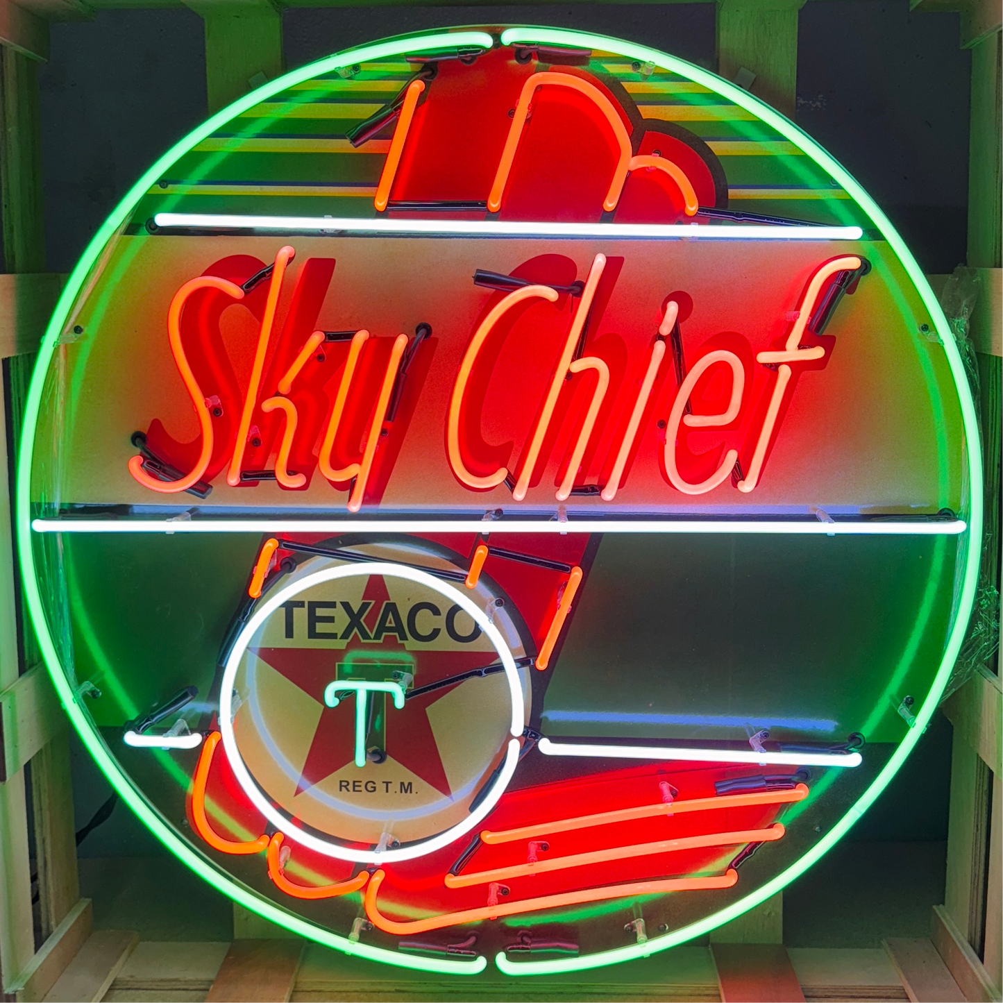 Glowing image of the iconic Texaco Skychief symbol in real handcrafted, neon and porcelain for the highest available quality vintage reproduction