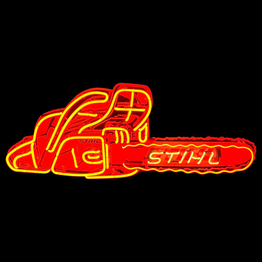 Stihl Chainsaw Neon Sign - Vintage Die Cut, Glass, Porcelain Enamel, Steel Can