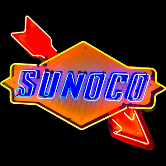 Sunoco Arrow Neon Die Cut Sign with Steel Can Porcelain Enamel