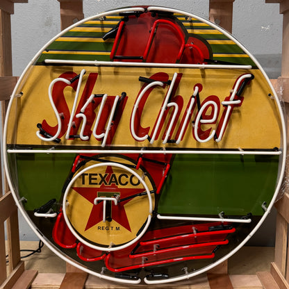 Texaco Sky Chief Gasoline Glass Neon Can with Porcelain Enamel