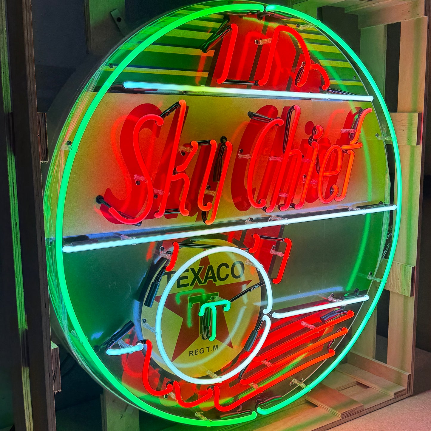 Texaco Sky Chief Gasoline Glass Neon Can with Porcelain Enamel