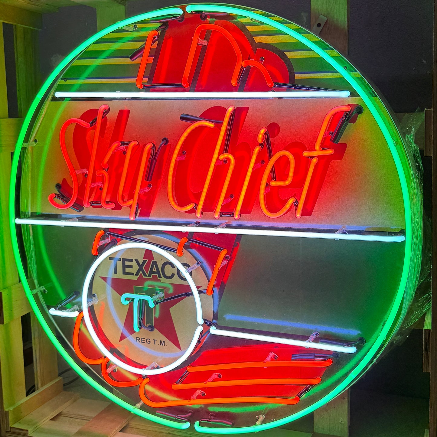 Texaco Sky Chief Gasoline Glass Neon Can with Porcelain Enamel
