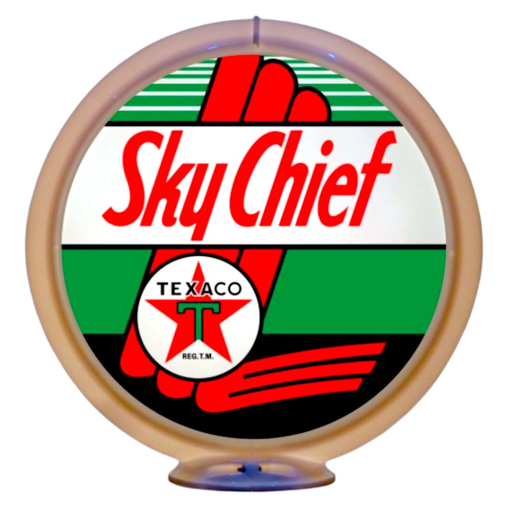 Vintage-style Texaco Sky Chief gas pump globe with red, green, and white colors.