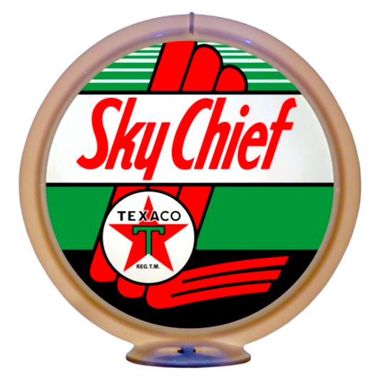 Vintage-style Texaco Sky Chief gas pump globe with red, green, and white colors.