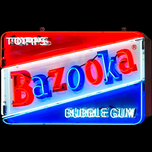 Neon sign for Bazooka bubble gum with red, blue, and white colors on a black background.
