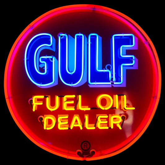 Gulf Fuel Oil Dealer Neon Porcelain Advertising Sign with Can