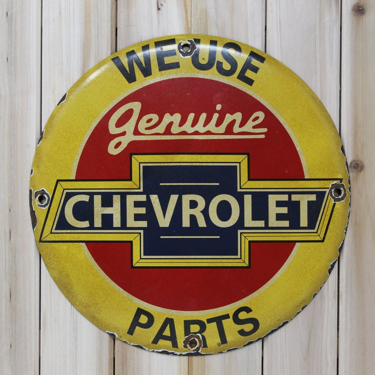 We Use Genuine Chevrolet Parts 12in Porcelain Enamel Sign - PORCELAIN ADVERTISING - Sign