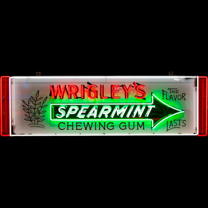 Vintage-style Wrigley’s Spearmint neon sign with red lettering, green arrow, and white accents.